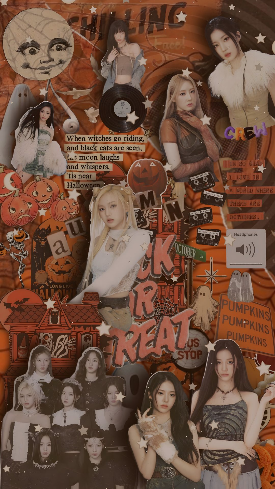 an altered collage of girls in halloween costumes and pumpkins with the words k r treat on them Kpop Halloween Aespa Iphone, Witch, Aespa, Halloween, saddle brown