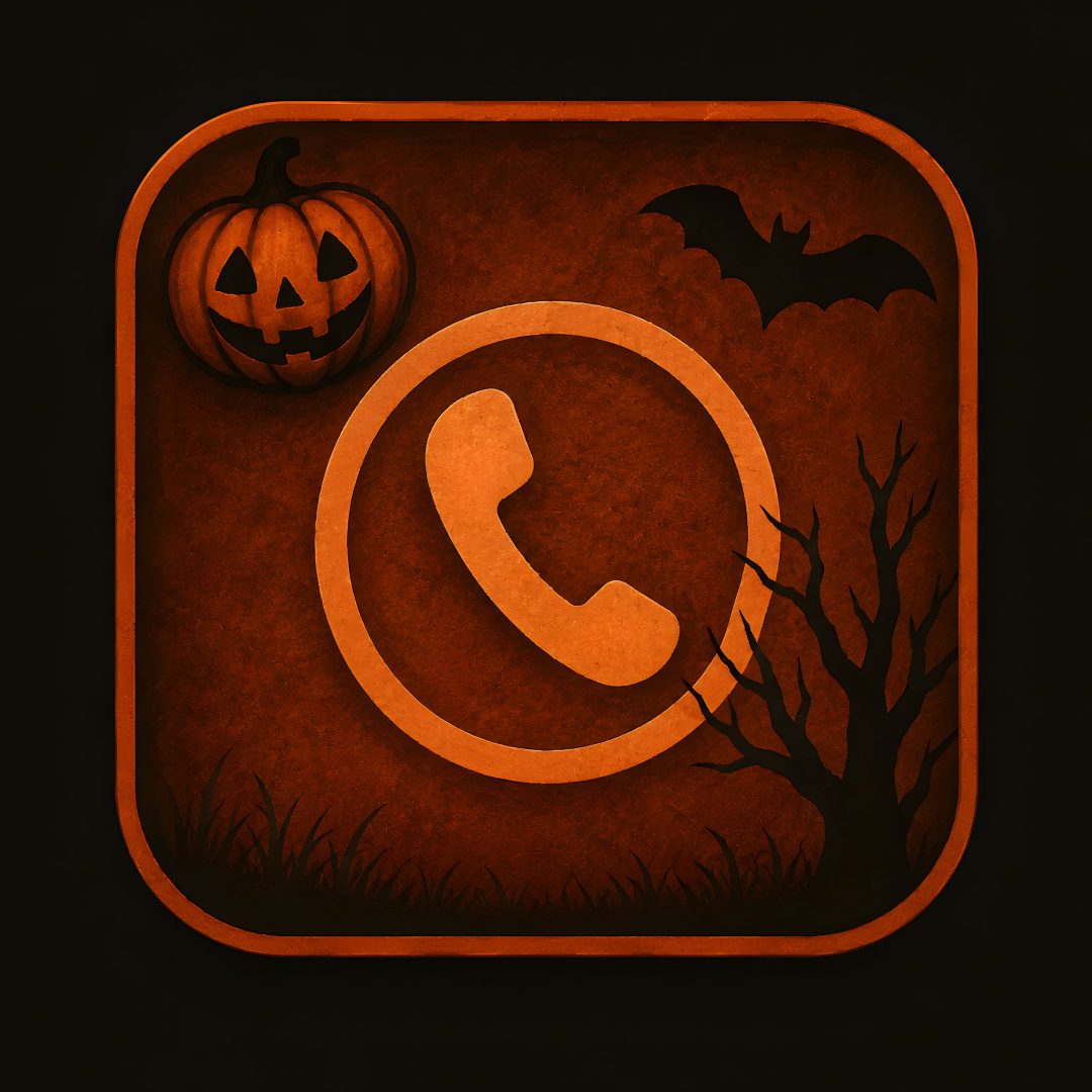 an orange and black square button with a phone in the center surrounded by halloween decorations Halloween App Icons black