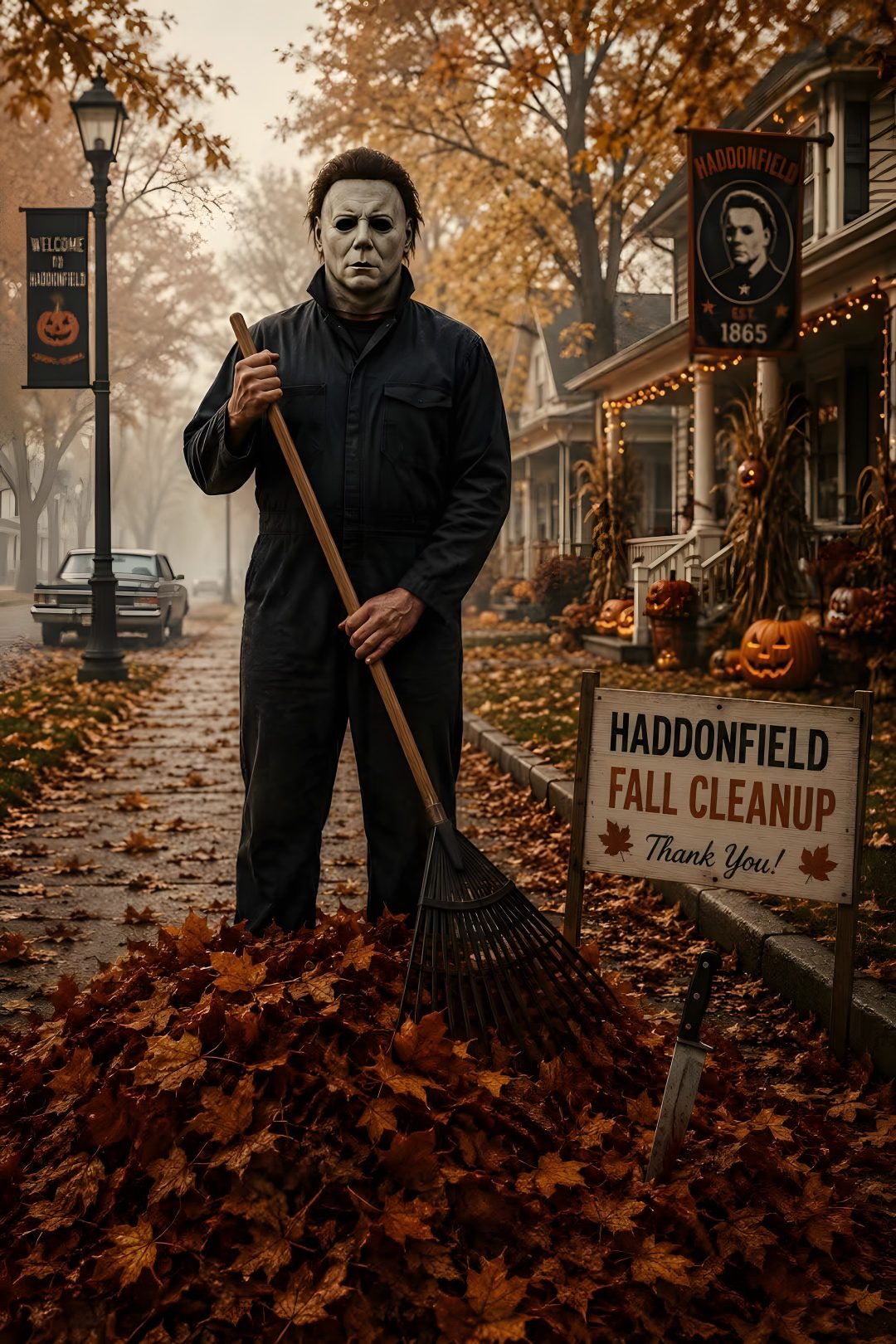 a man with a creepy face holding a broom in front of a pile of leaves Halloween From Hollywood Movies saddle brown