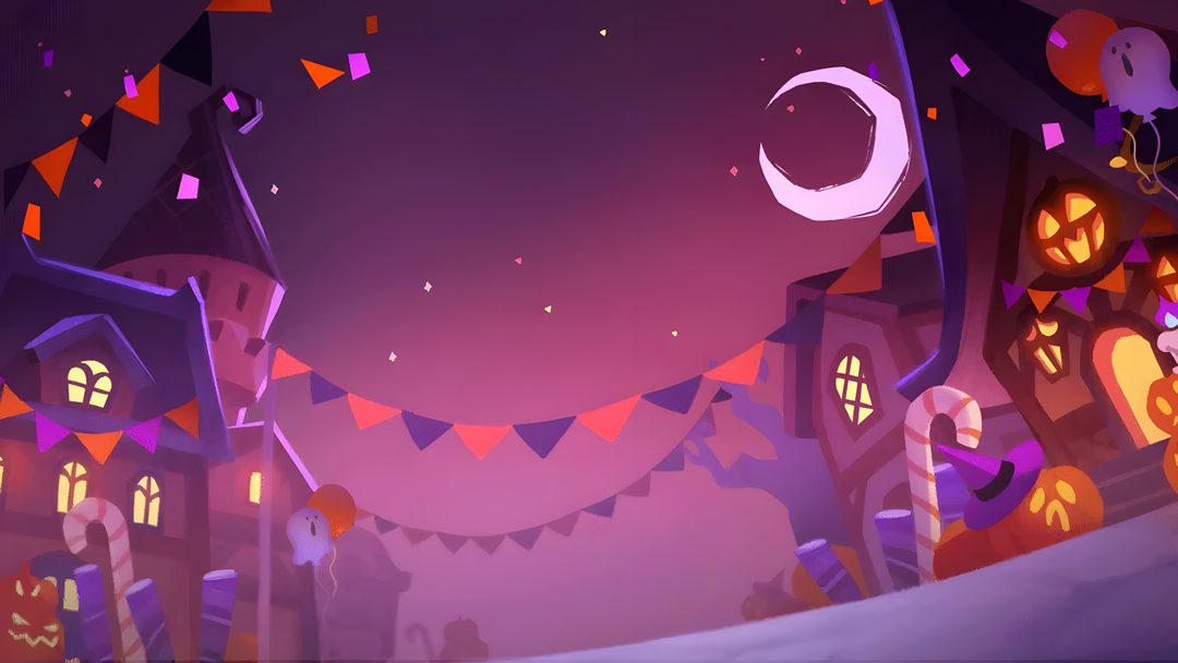 an animated halloween scene with pumpkins and houses Crk Halloween Cookie Run Background, Cookie Games, Cookie Run, Witch, Halloween, dim gray