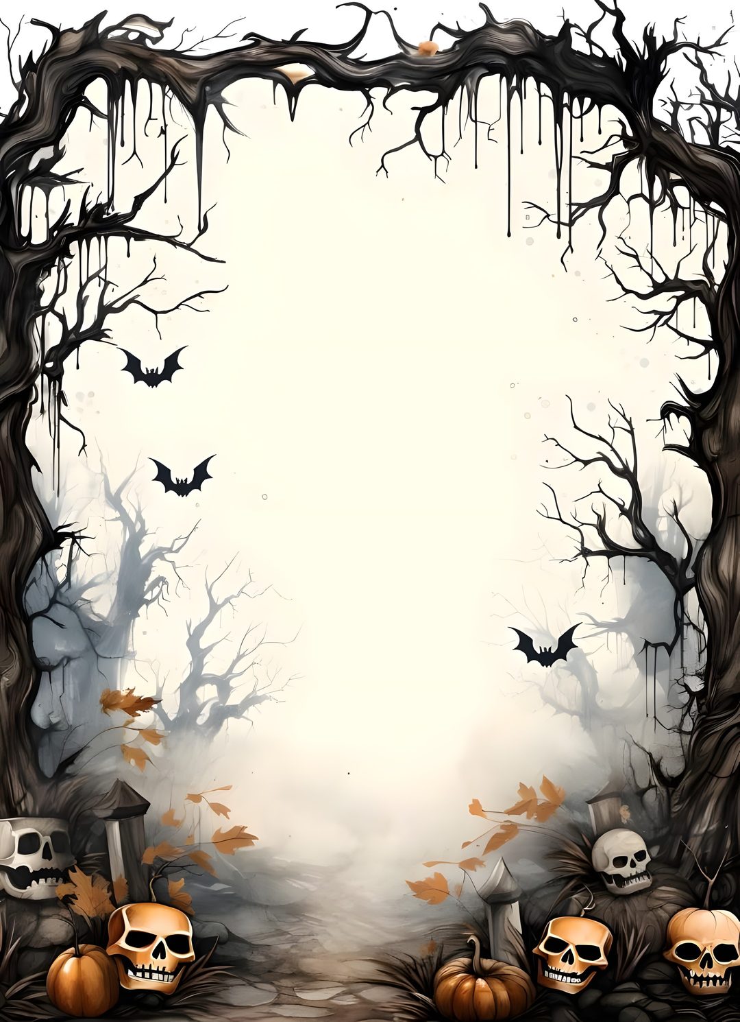 a halloween scene with pumpkins and skulls Halloween Party Backgrounds antique white