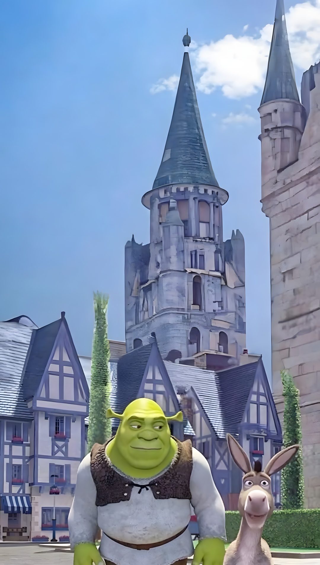 an animated character standing next to a rabbit in front of a castle with turrets and towers Halloween Shrek Live Iphone, Shrek, Live, Movie Tv, Phone, Iphone, light slate gray