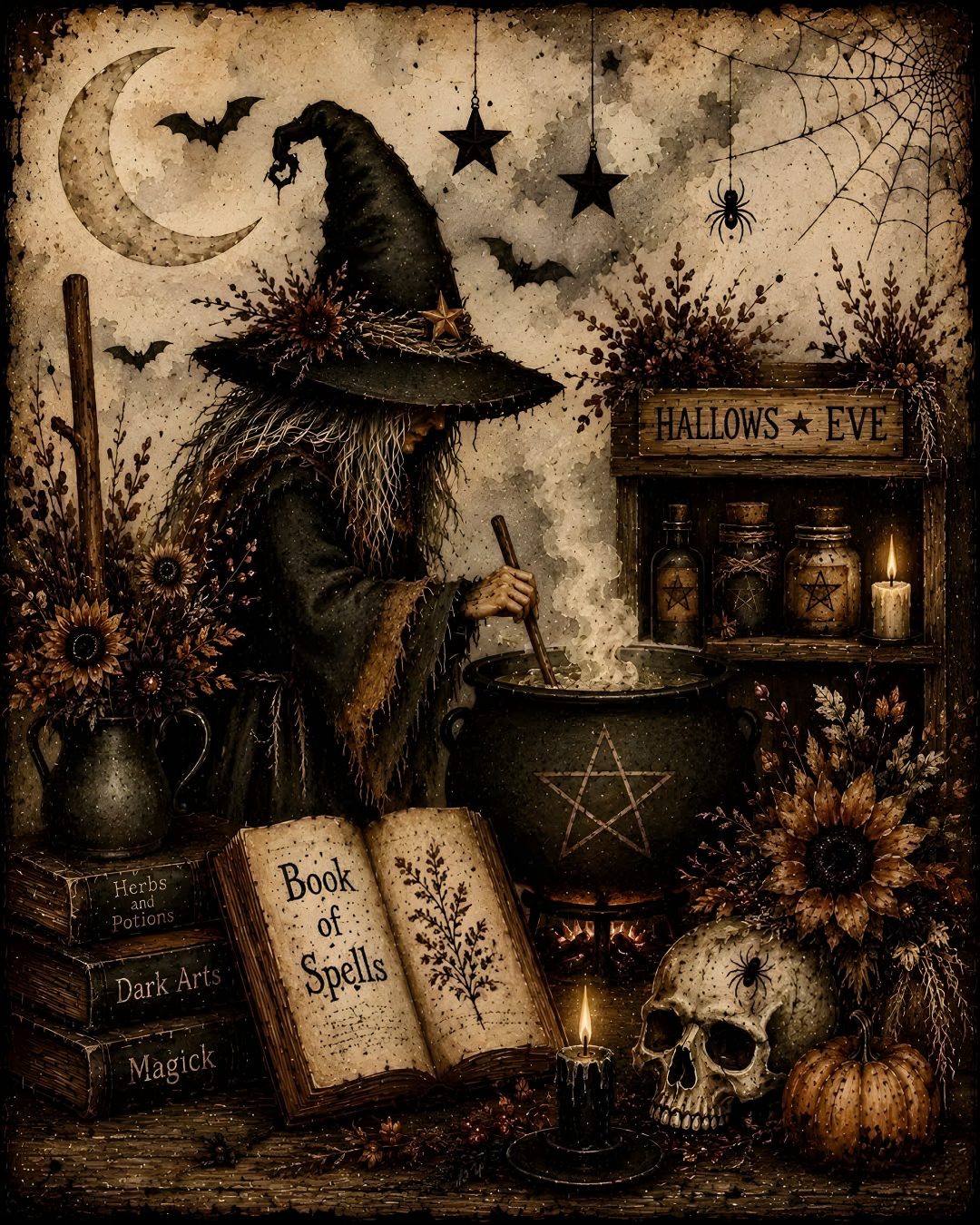 a painting of a witch stirring a caulder full of books and skulls with the moon in the background Vintage Halloween Witch dark olive green