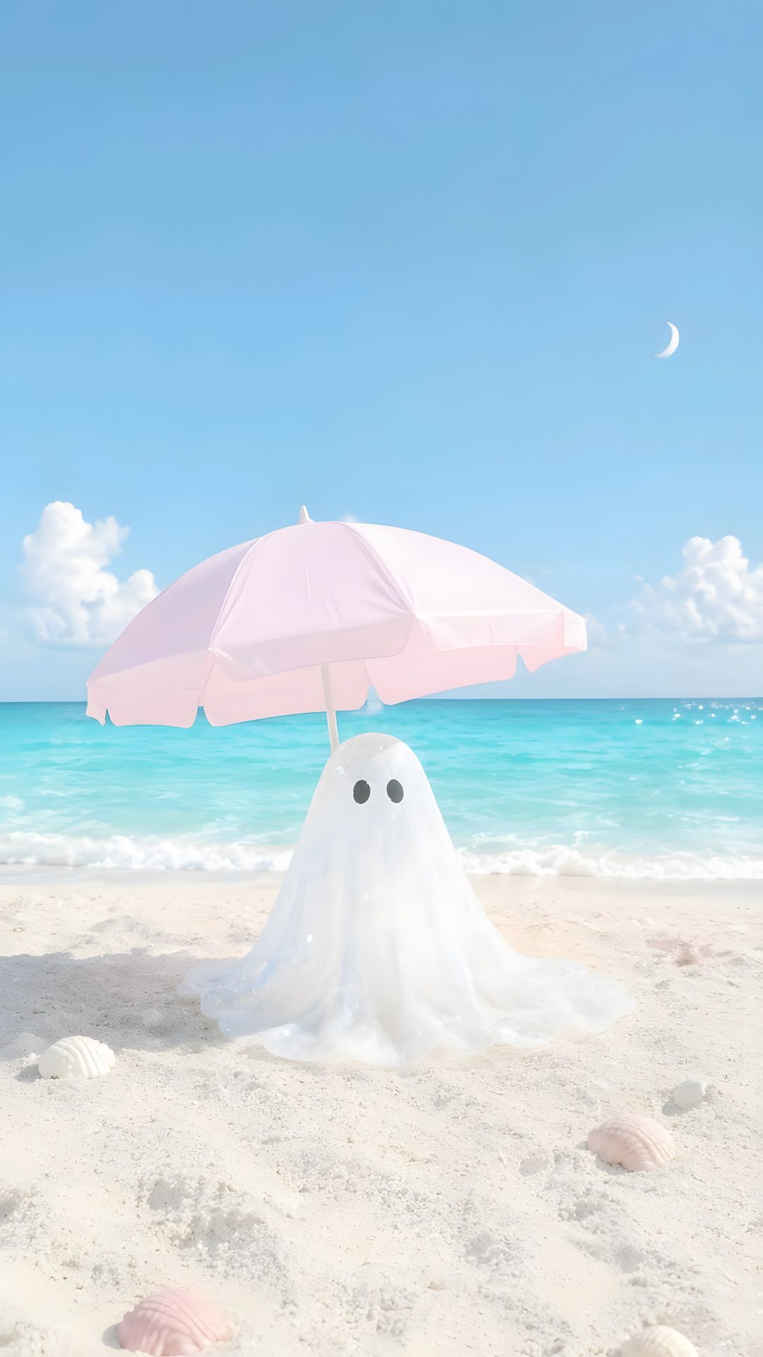 there is a ghost on the beach under an umbrella with eyes drawn in sand and water behind it Beach Halloween Cute Backgrounds, Backgrounds, Aesthetic, Cute, Phone, Halloween, light blue