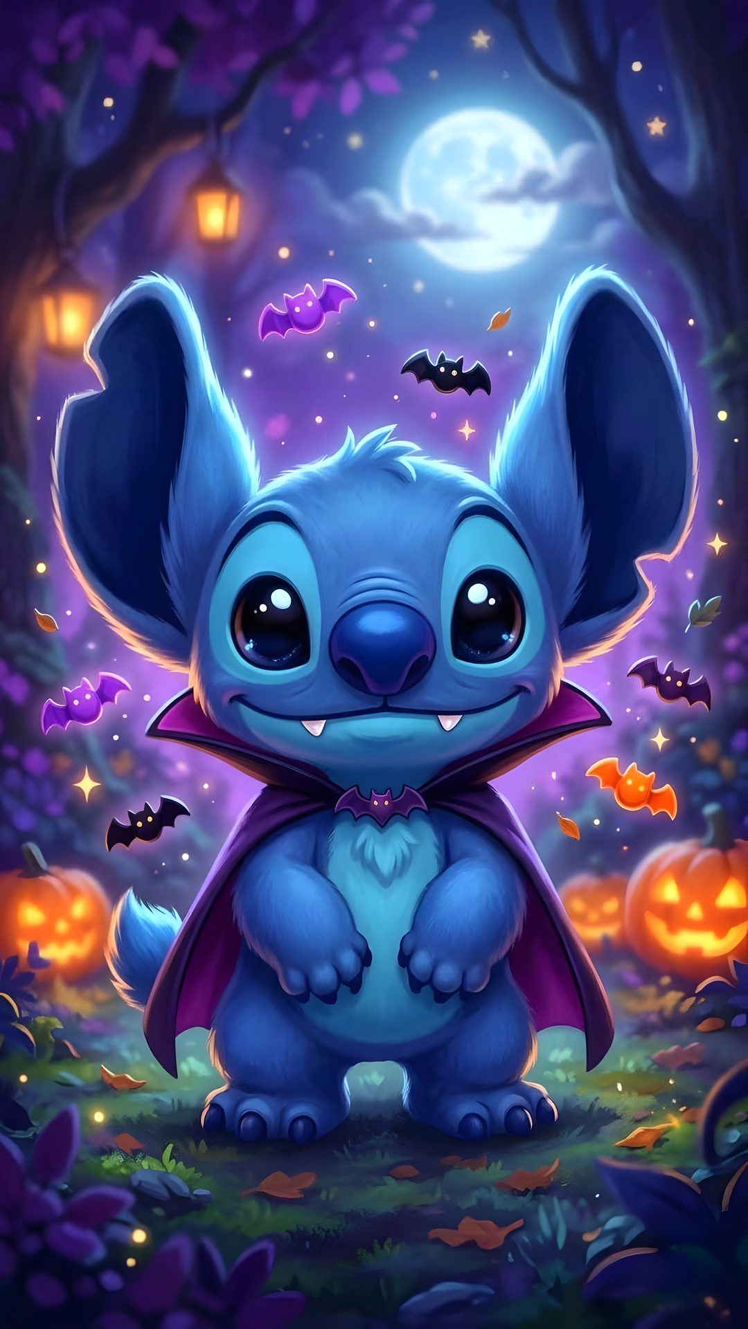 the cute little stitchie is sitting in front of some pumpkins Halloween Stitch Disney dark slate blue