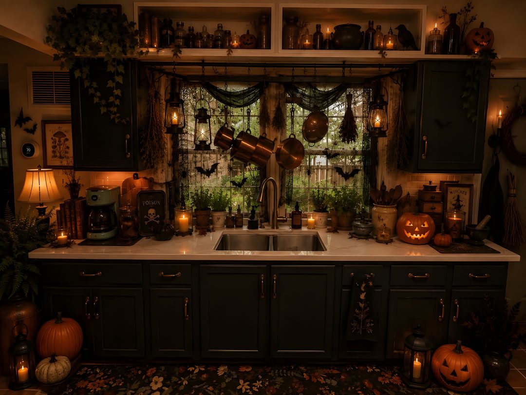 a kitchen filled with lots of halloween decorations Halloween Kitchen black