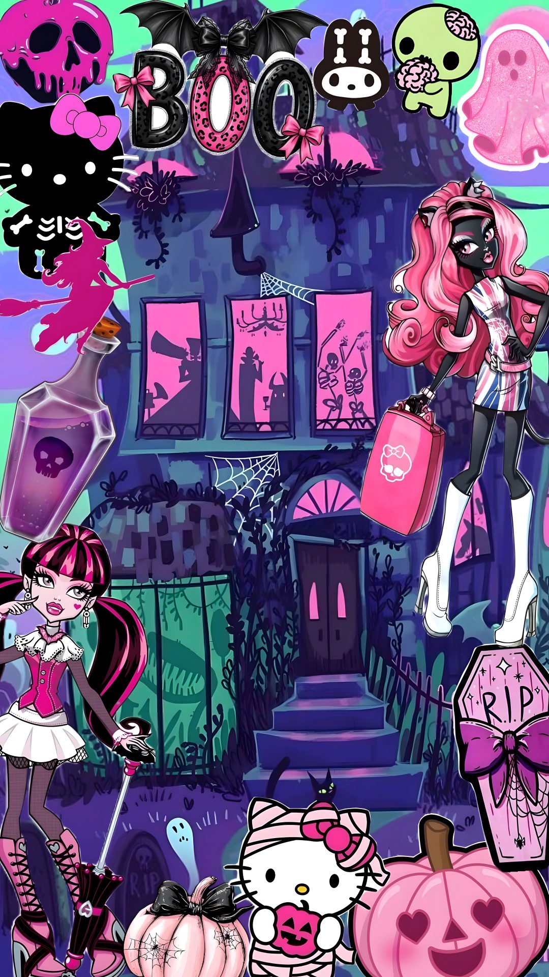 an image of hello kitty and her friends in front of a house with halloween decorations Monster High Halloween dark slate blue