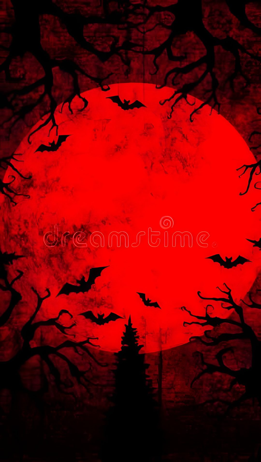 a full moon with bats flying over the trees in front of it, and a red sky Halloween Red maroon
