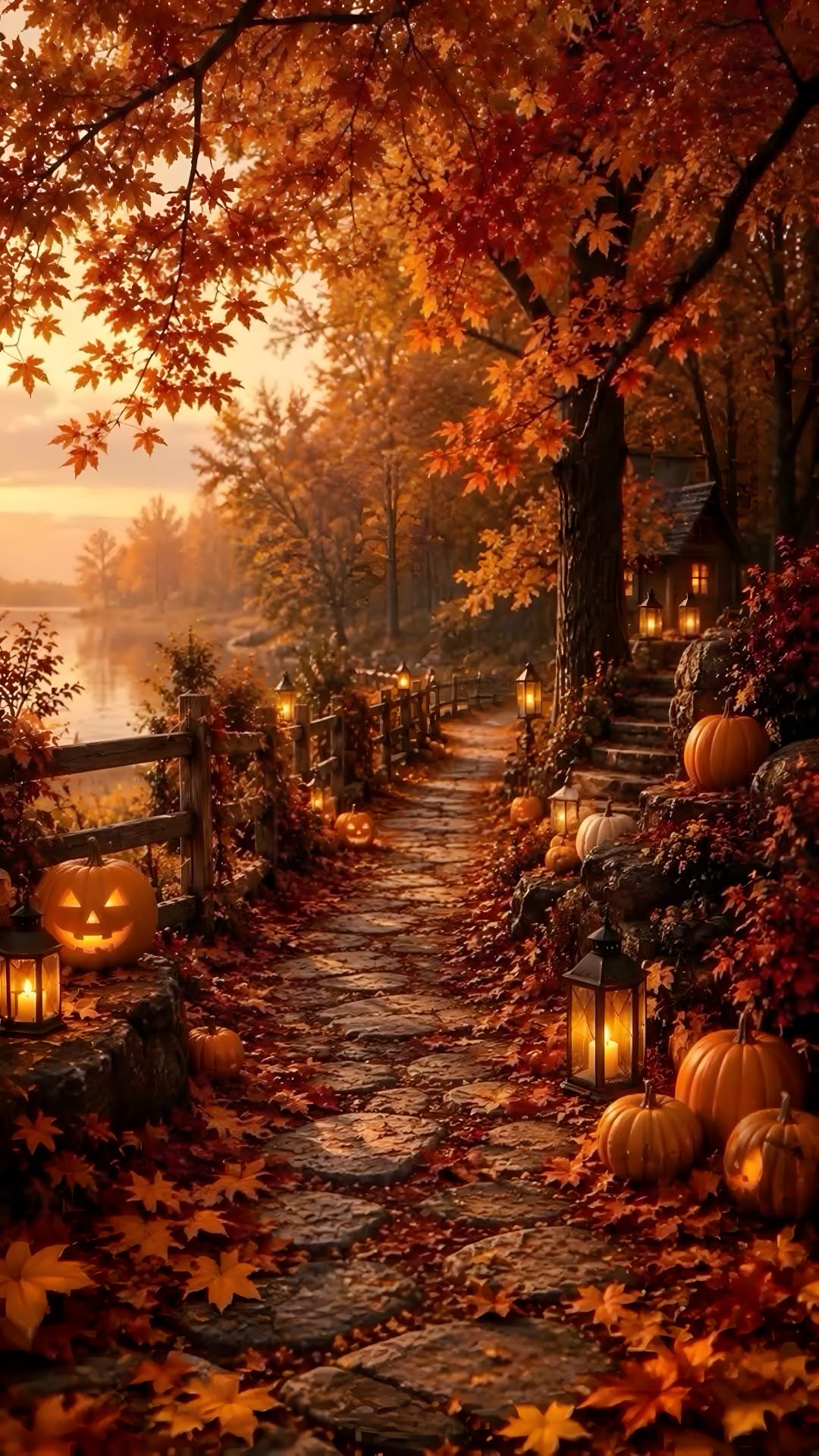 an autumn scene with pumpkins and lanterns on the path leading to a wooded area Halloween Pumpkin Path saddle brown