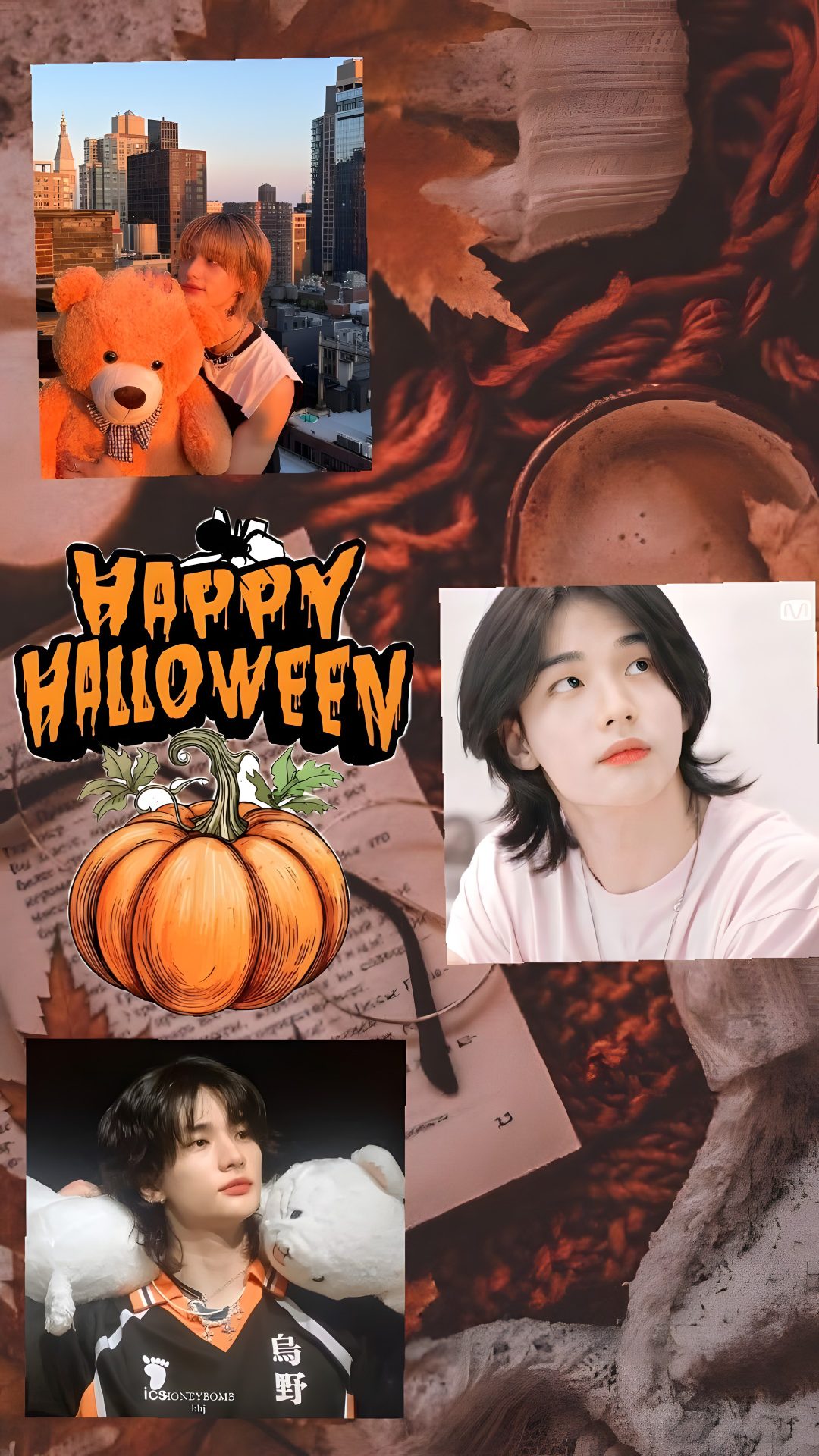 a collage of photos with the words happy halloween written on them and pictures of people holding pumpkins Hyunjin Halloween Halloween, Happy Halloween, sienna