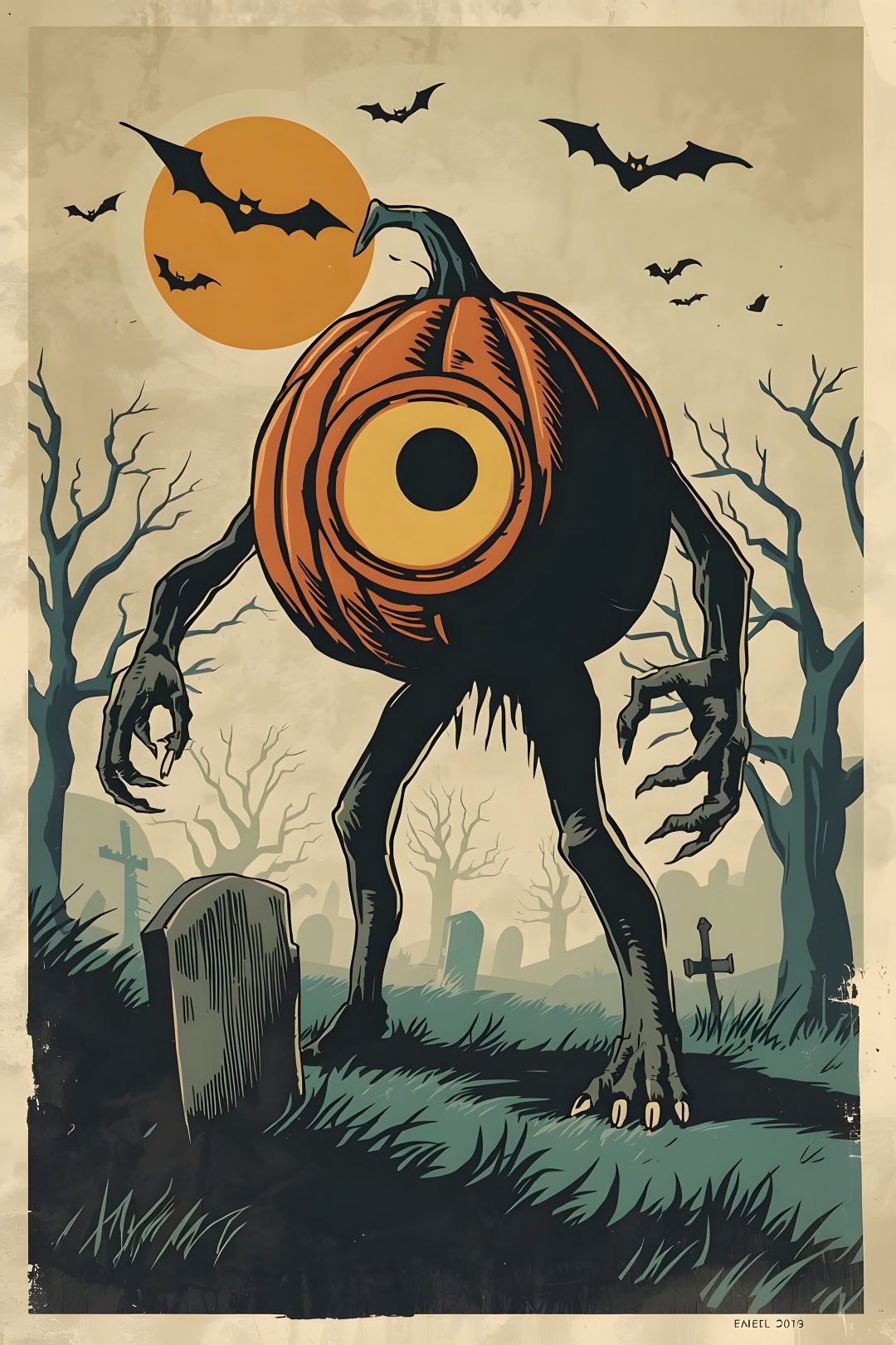 an illustration of a creepy monster with a pumpkin on its head in front of a graveyard Halloween Cyclops rosy brown
