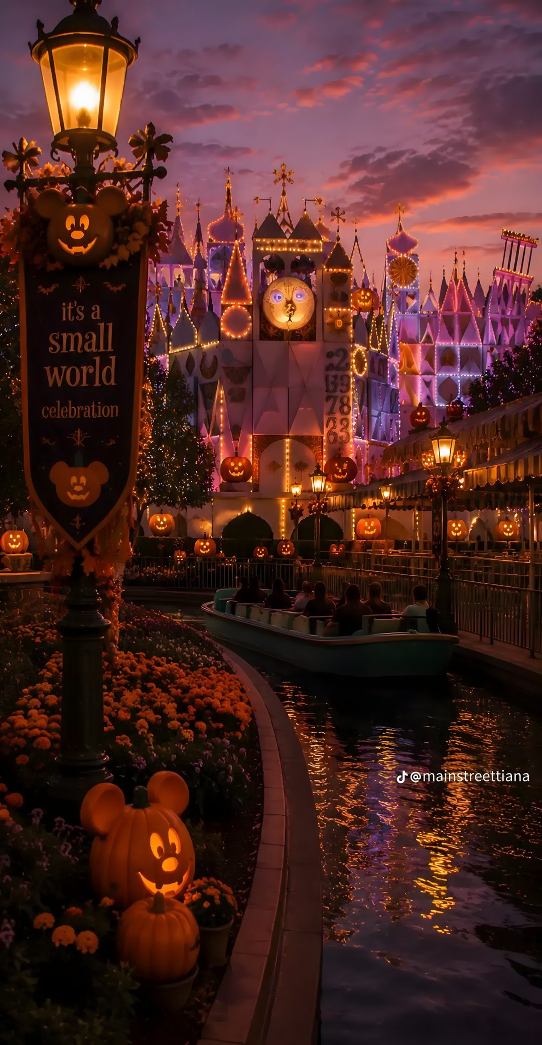 the entrance to disneyland world at night with pumpkins and jack - o'- lanterns Iphone Disneyland Halloween maroon