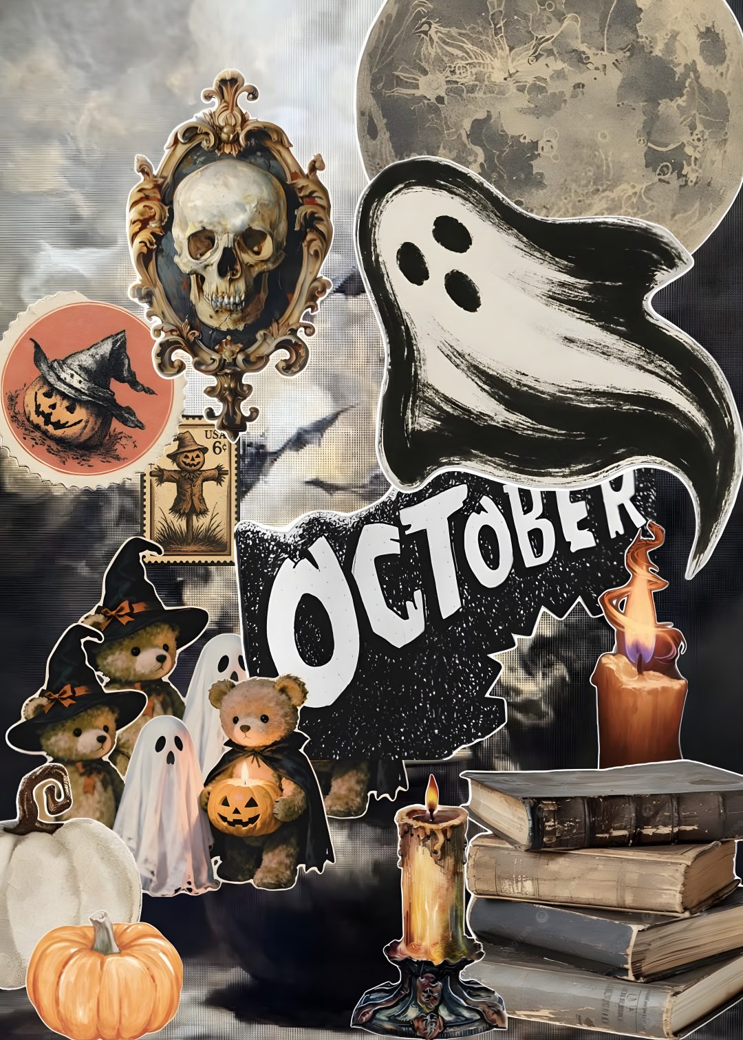 an image of a halloween scene with pumpkins and books Halloween Halloween October dim gray