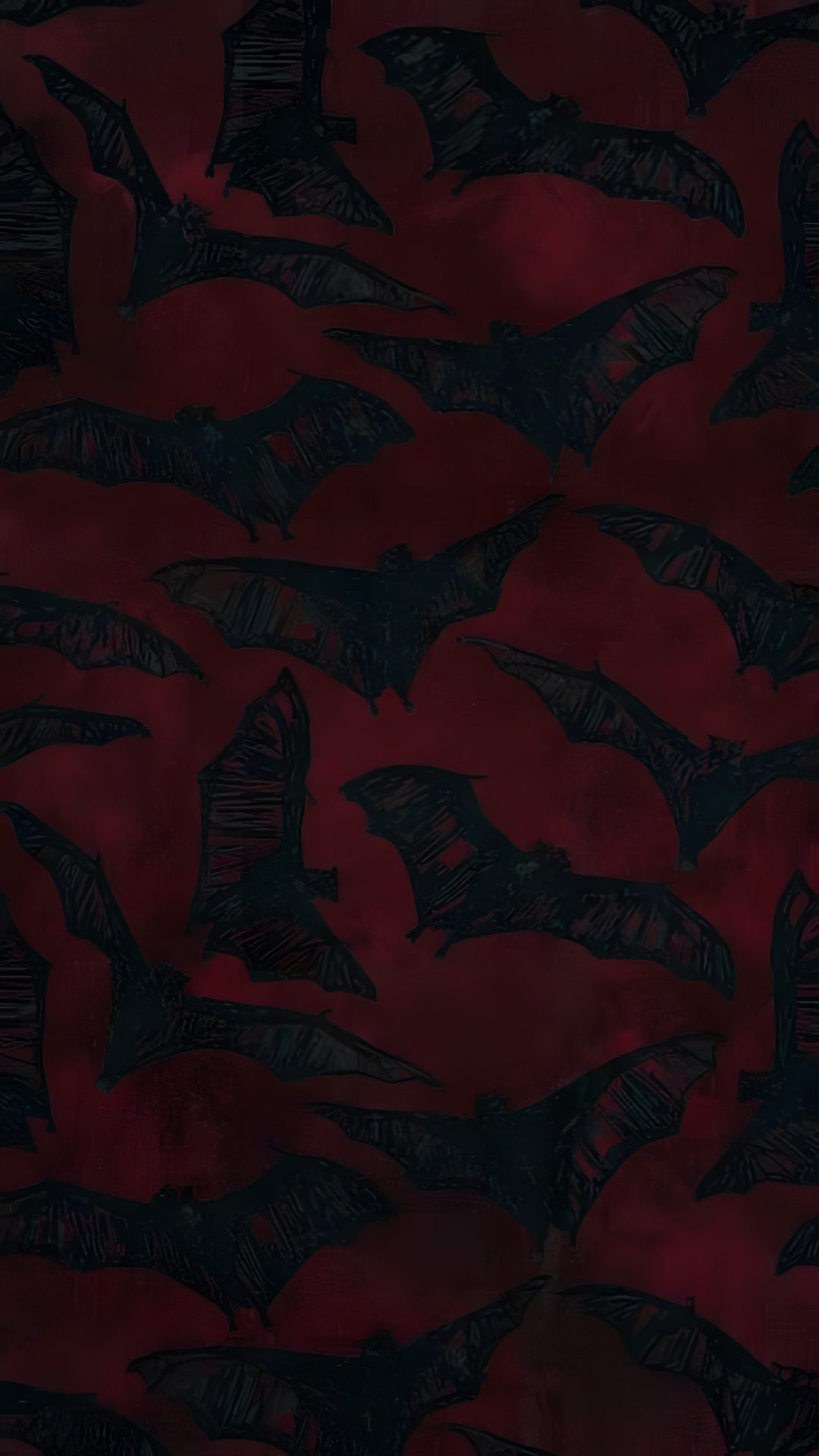 a group of bats flying through the air on a red background with black outlines Gothic Halloween Pattern black