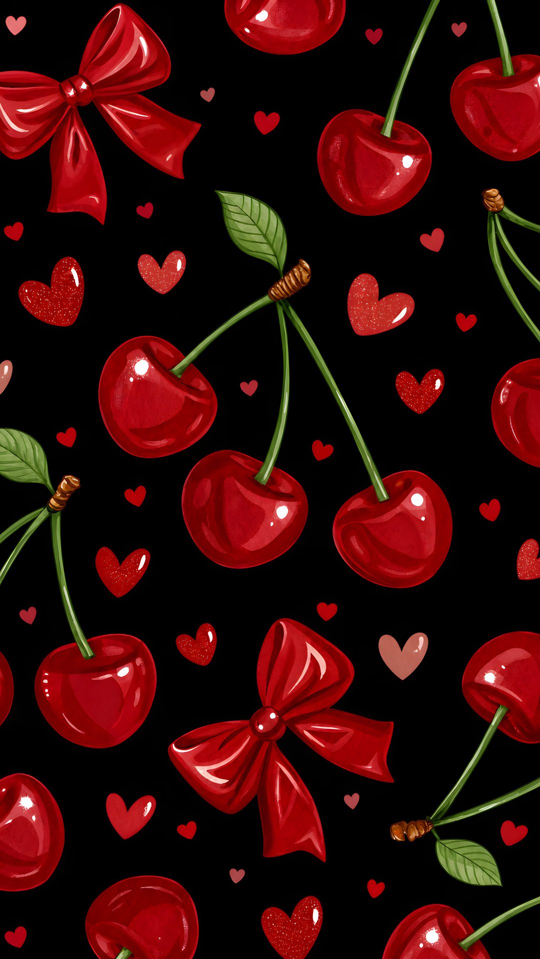 a black background with red cherries and hearts on the bottom, one cherry has a bow at the end Halloween Cherry black