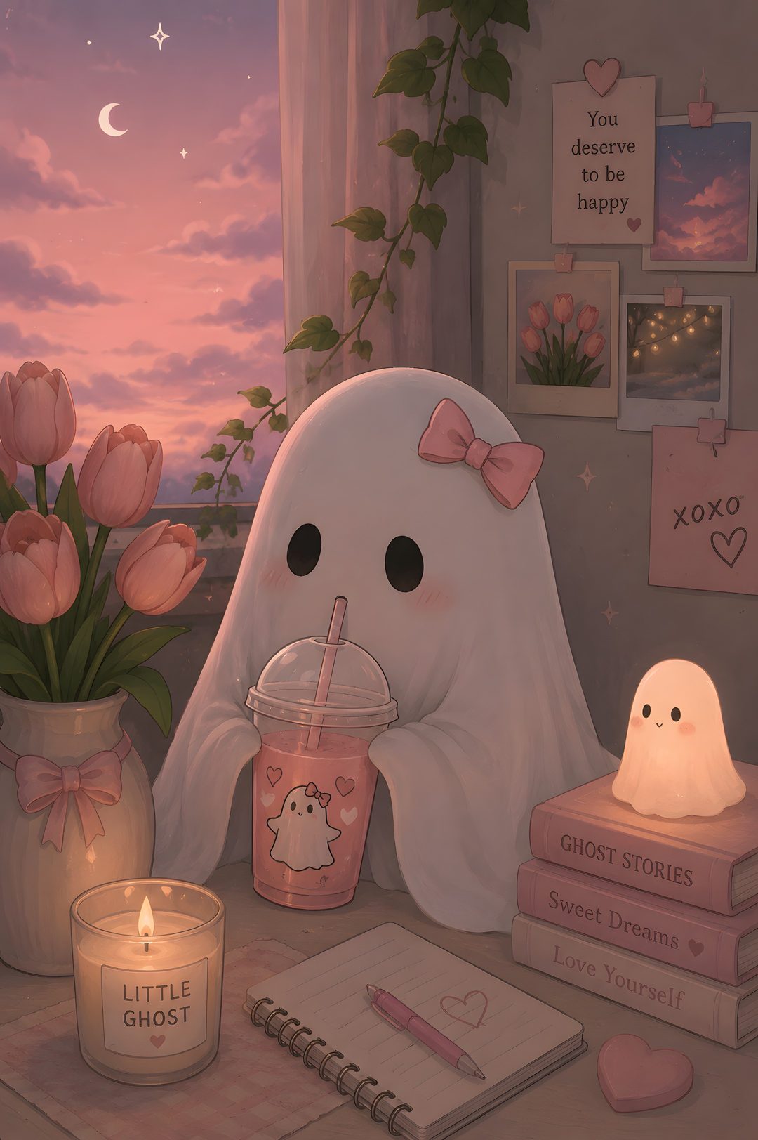 a little ghost sitting next to a cup with a drink in it and some books Cute Aesthetic Aesthetic Cute Halloween Ghost, Profile Picture, Seasonal Decor, dim gray