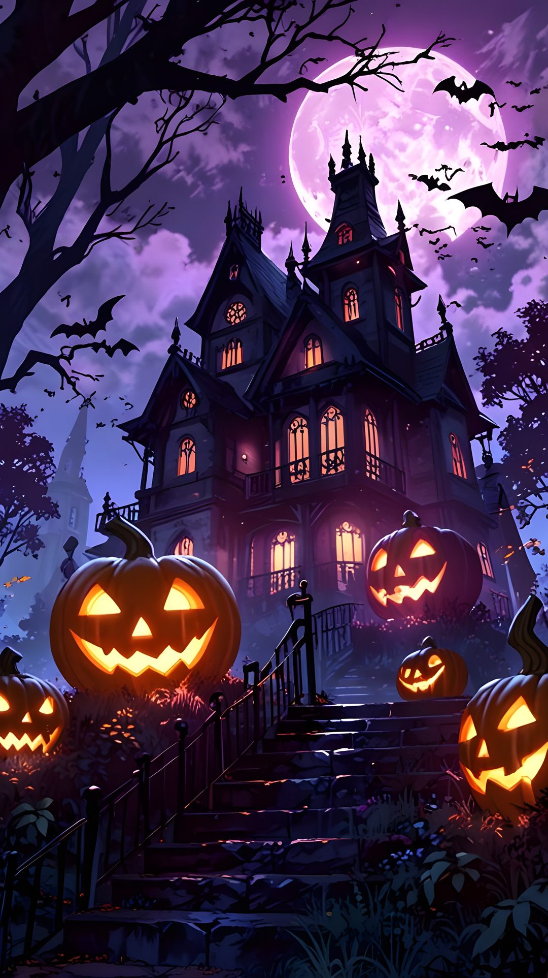 halloween pumpkins in front of a creepy house at night Halloween House Ideas dark slate gray