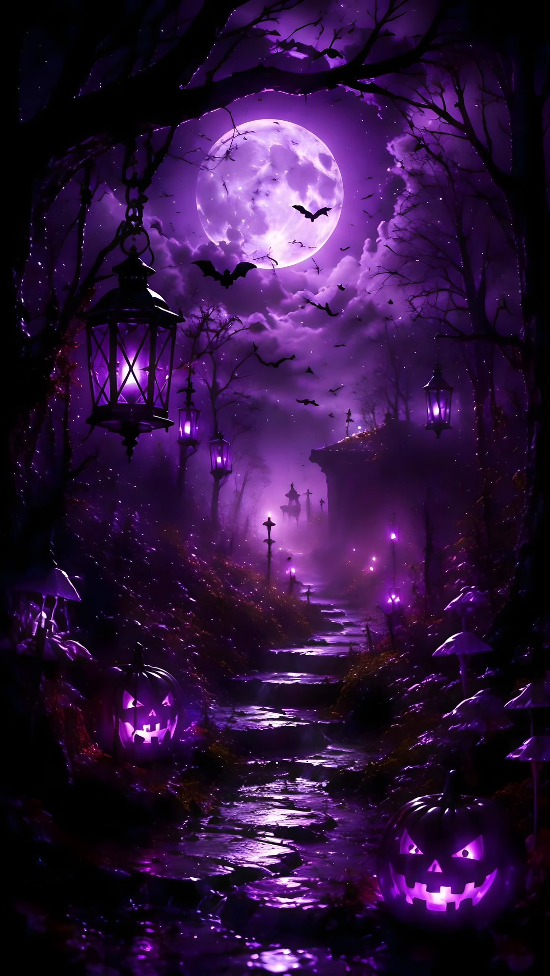 an image of a halloween scene with purple lights Dark Purple Halloween black