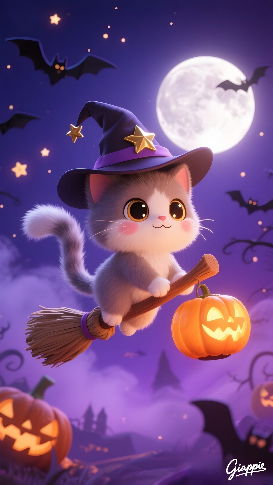 a cute little cat flying through the air with a broom and pumpkin in front of a full moon Kawaii Cute Halloween Cat Halloween, Halloween Cat, Bonito, Anime, dark slate blue