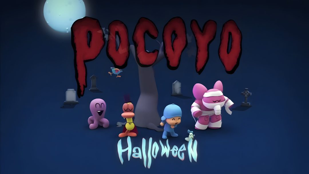 some cartoon characters are standing in front of a halloween tree with the word pocoyo on it Pocoyo Halloween midnight blue