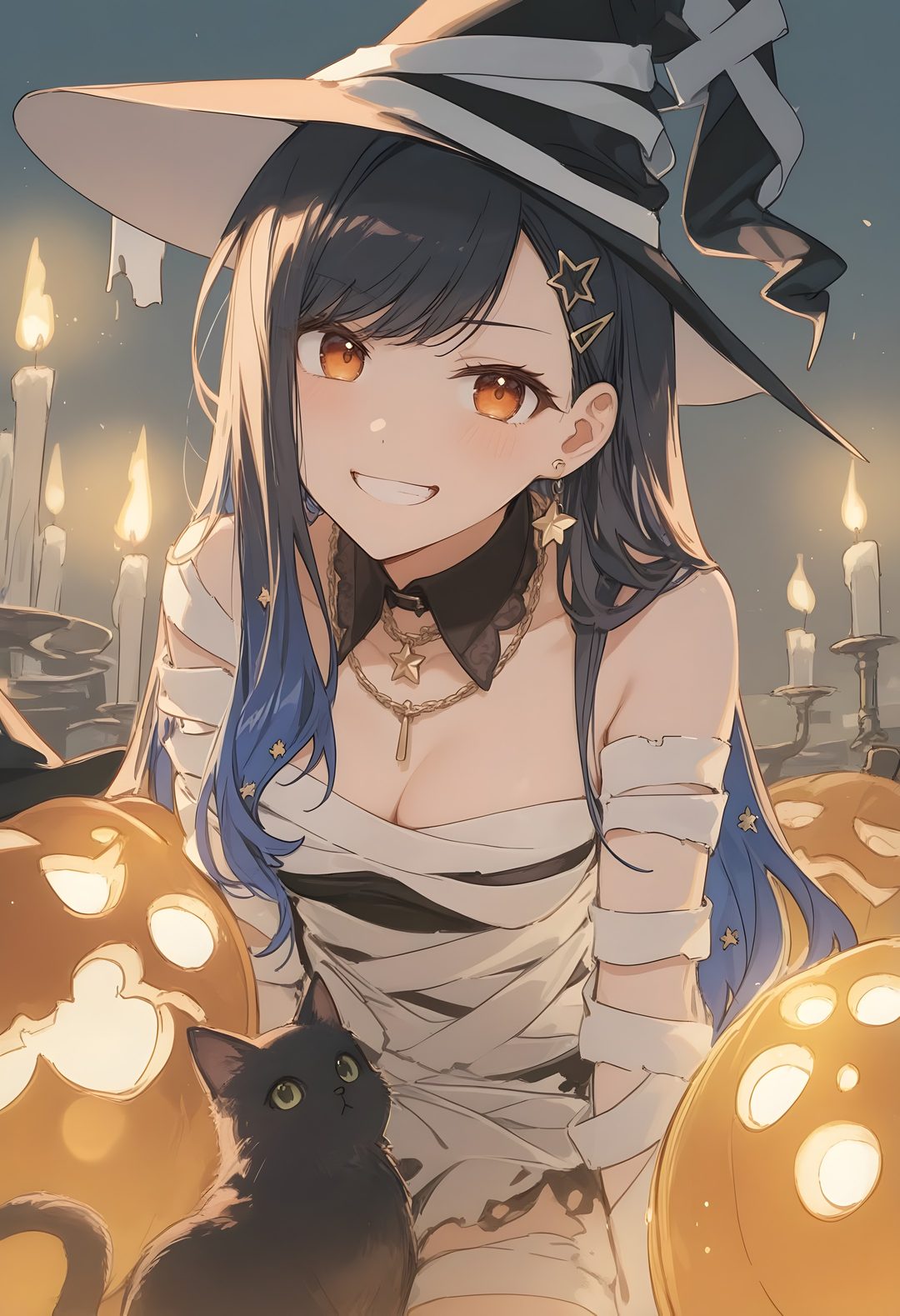a woman in a witch costume sitting next to a cat and pumpkins with candles behind her Pjsk Halloween rosy brown
