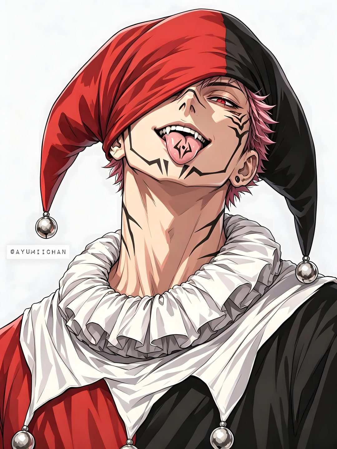 a drawing of a man with red hair and piercings on his face wearing a pirate hat Sukuna Halloween tan