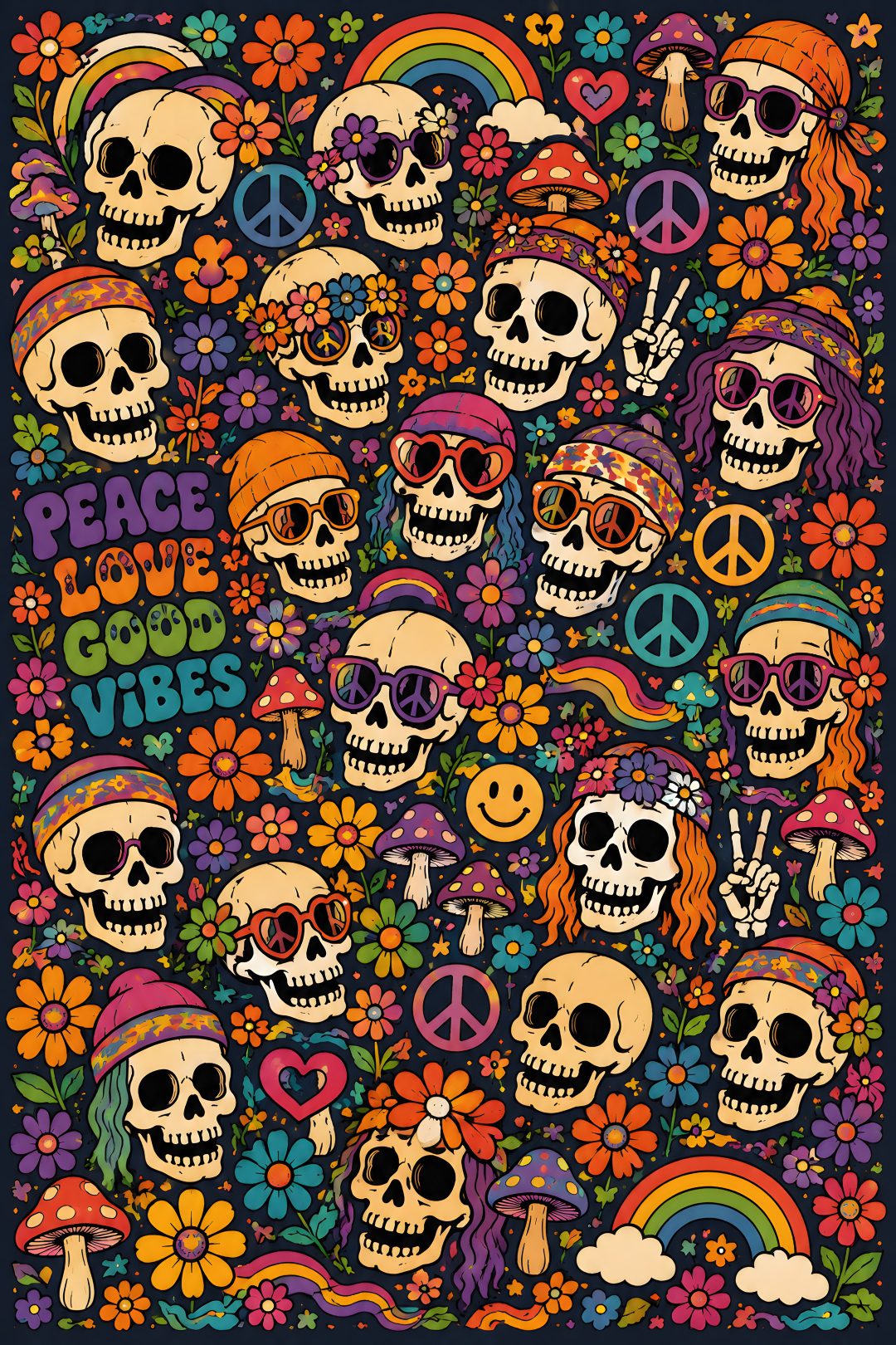 skulls and flowers with peace, love, and hippies on the back ground Hippie Halloween dark slate gray