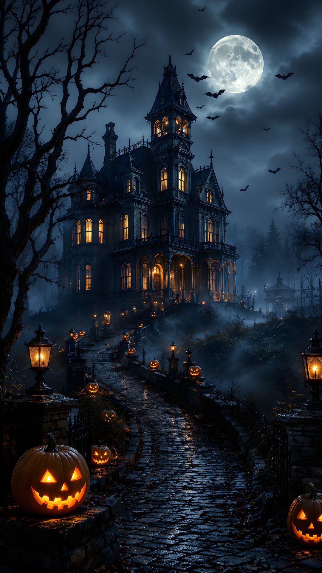 a creepy house with pumpkins on the ground Halloween Mansion black