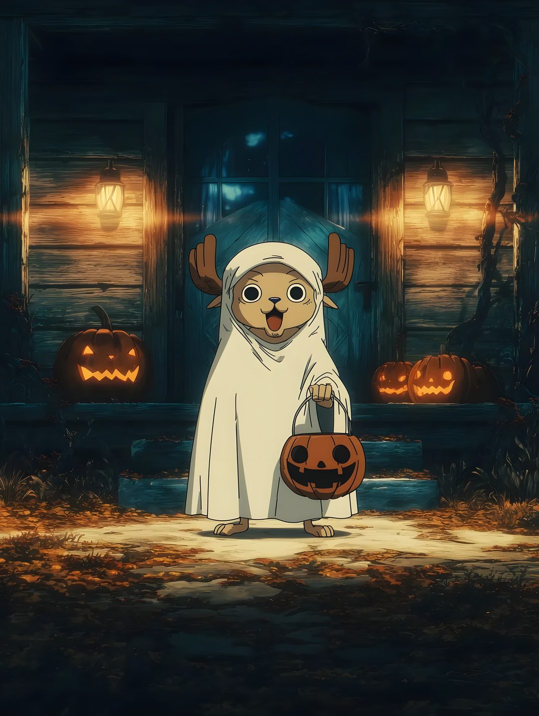 a dog dressed as a nun holding a jack - o'- lantern in front of a house Halloween One Piece Straw Hat, Anime Art, One Piece, Halloween, black