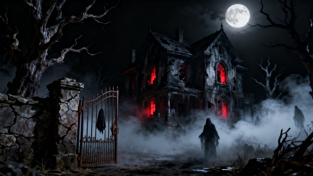 a creepy looking house with red lights in the fog at night, surrounded by trees and bushes Halloween Creepy House Digital Art, black