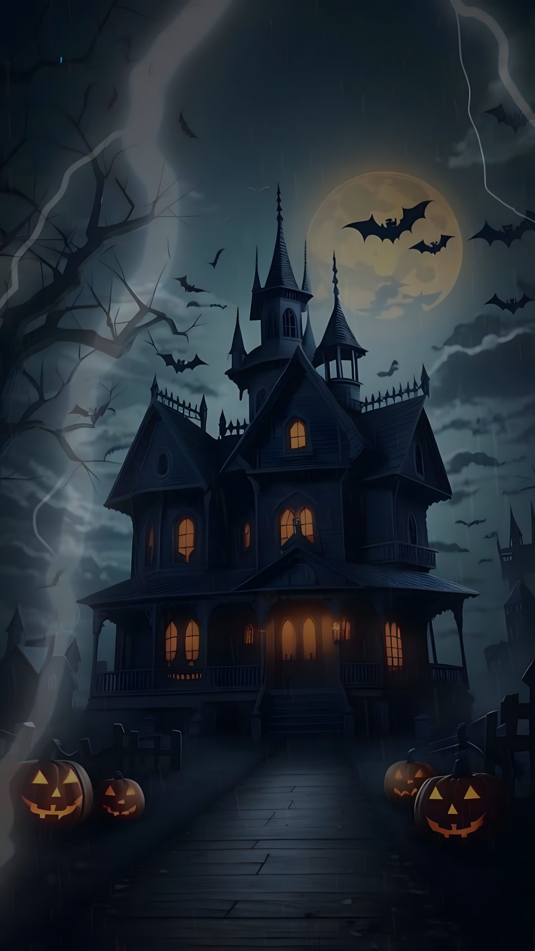 a spooky house with bats and pumpkins in front of it at night Halloween Halloween Haunted House black