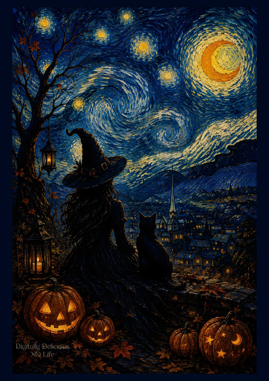 a painting of two cats sitting on top of a pile of pumpkins in front of a night sky Halloween Starry Night black