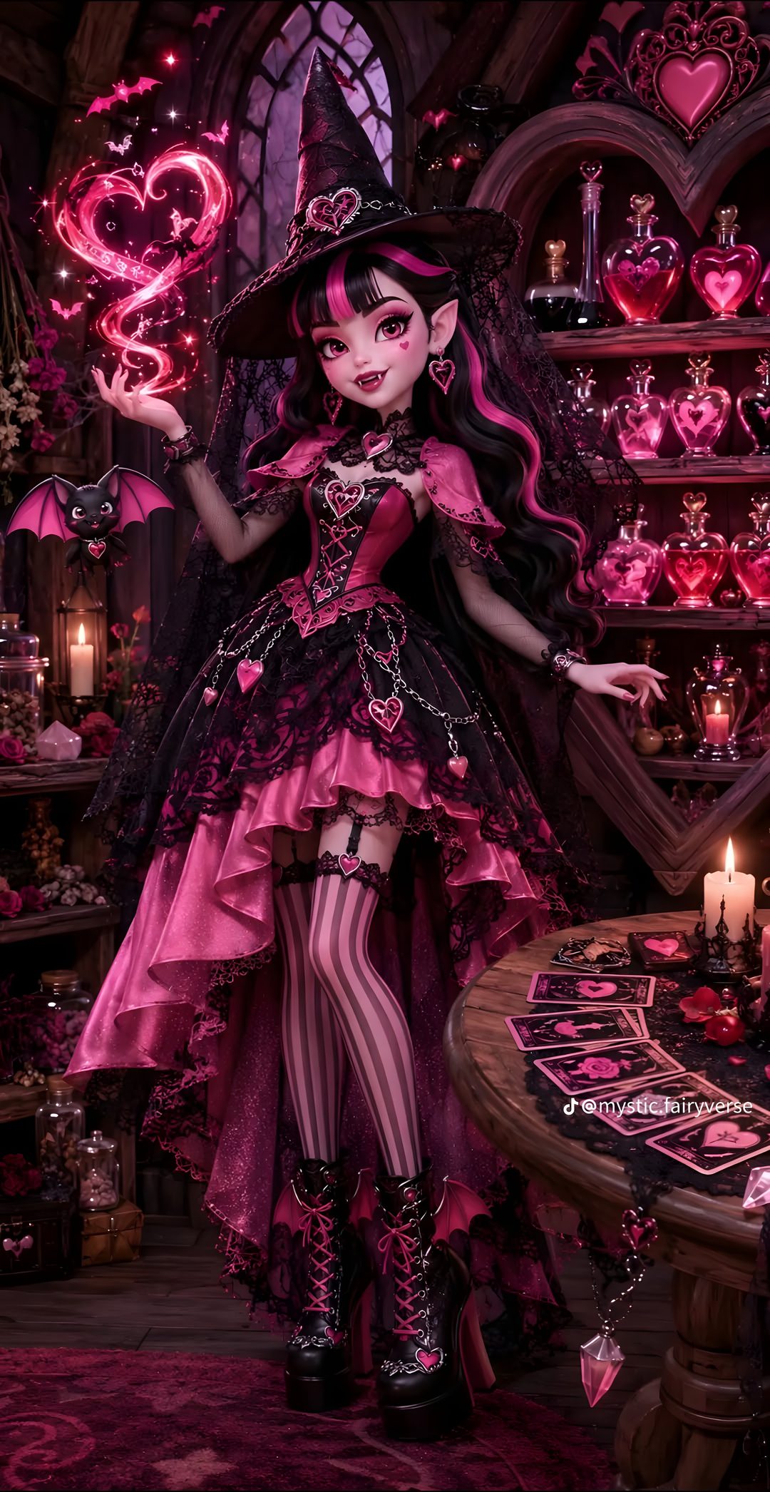 a woman dressed in pink and black is standing next to a table with candles on it Monster High Halloween black