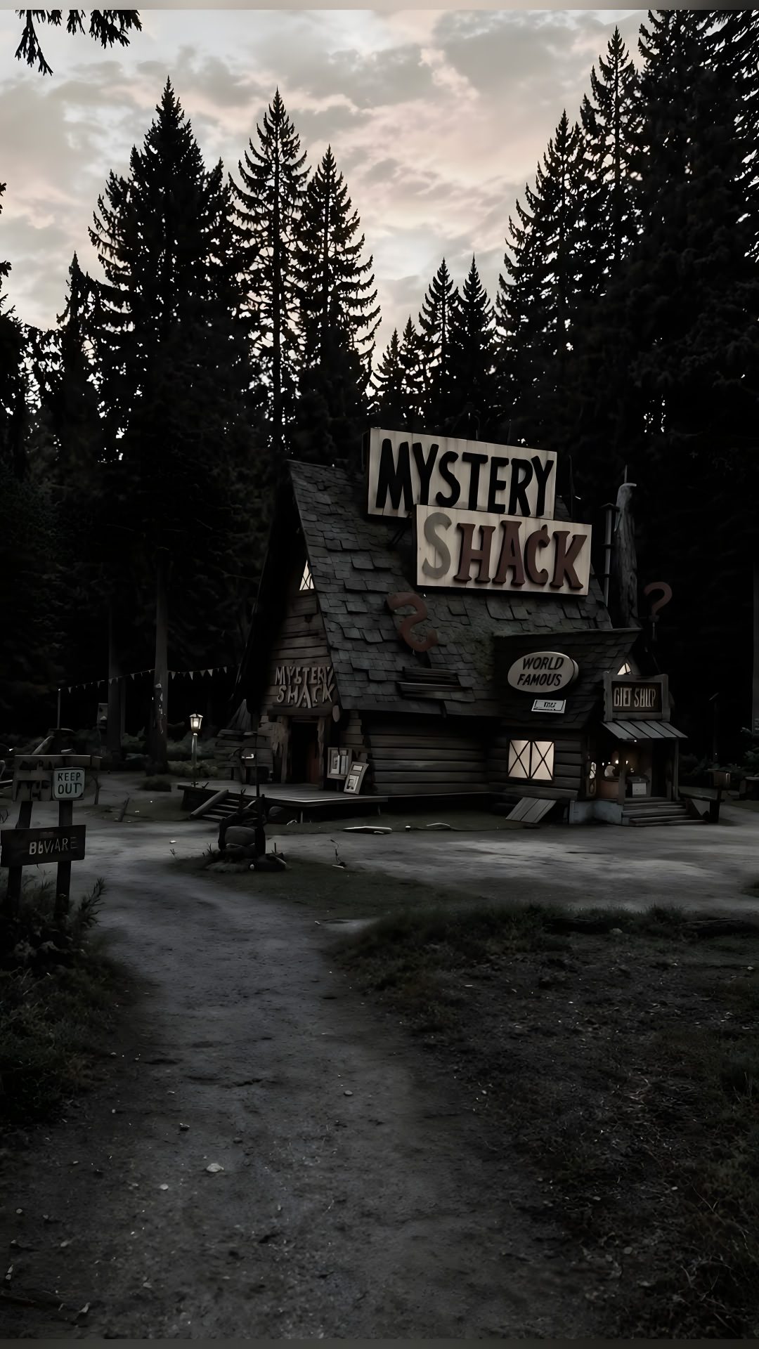 a creepy house with a sign that says mystery shack Gravity Falls Halloween black