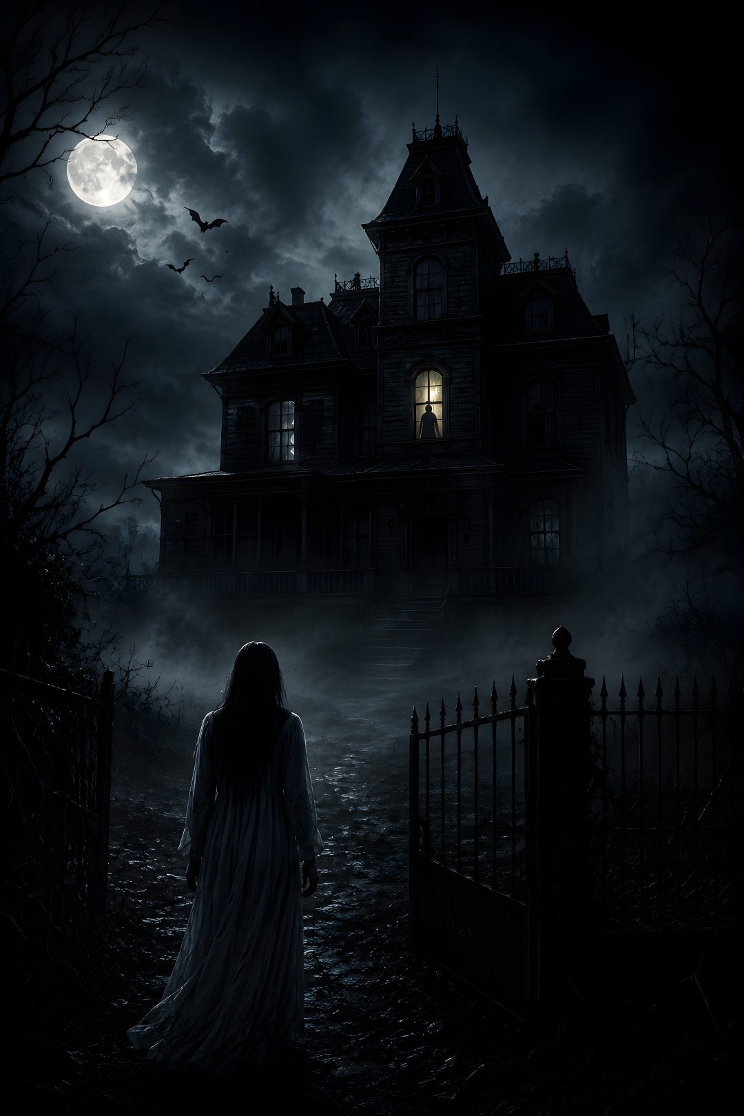 a woman standing in front of a creepy house at night with the moon behind her Old Scary Horror Halloween Horror Stories, black