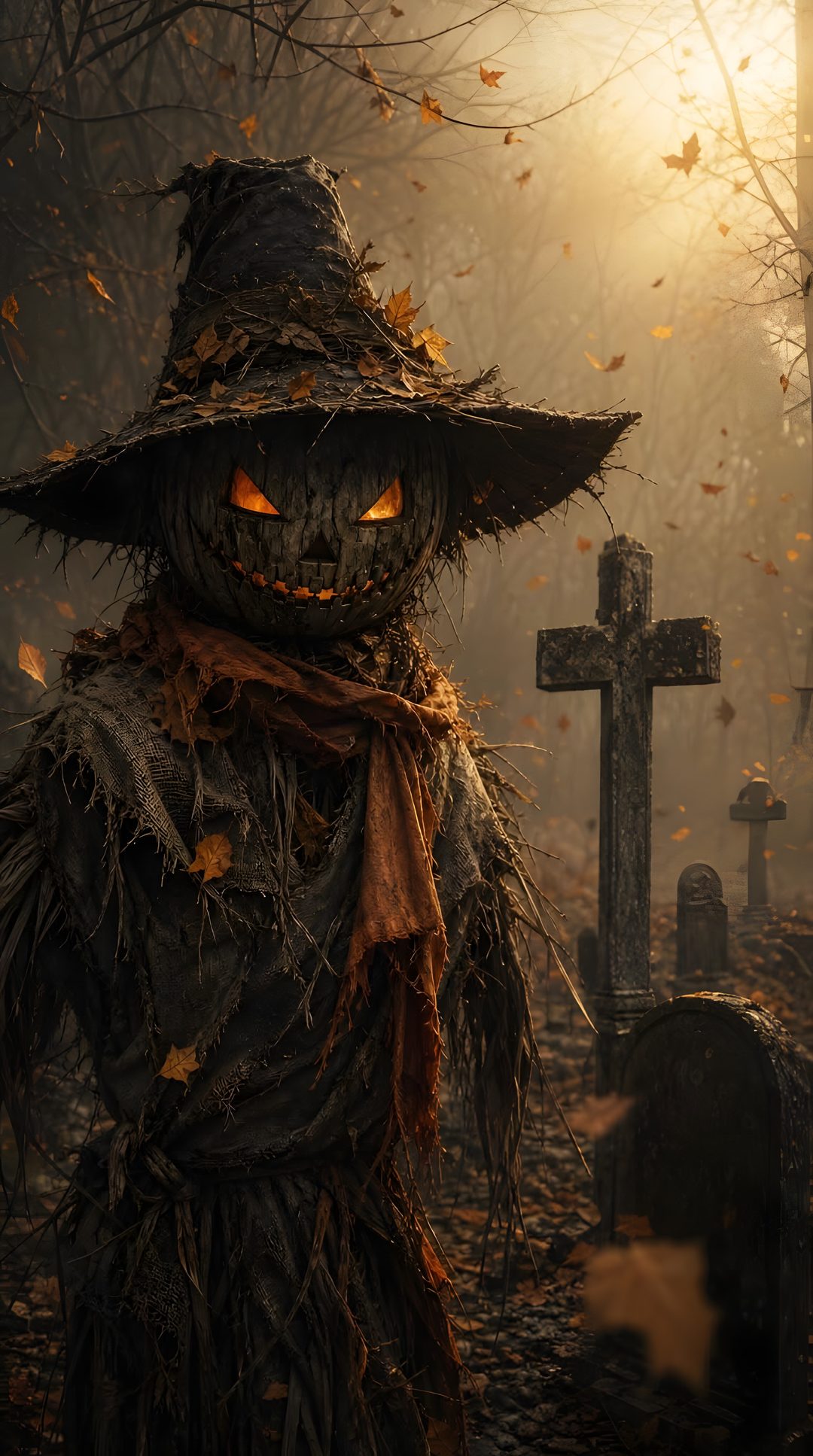 a scarecrow in a graveyard with pumpkin eyes Old Scary Horror Halloween dark slate gray