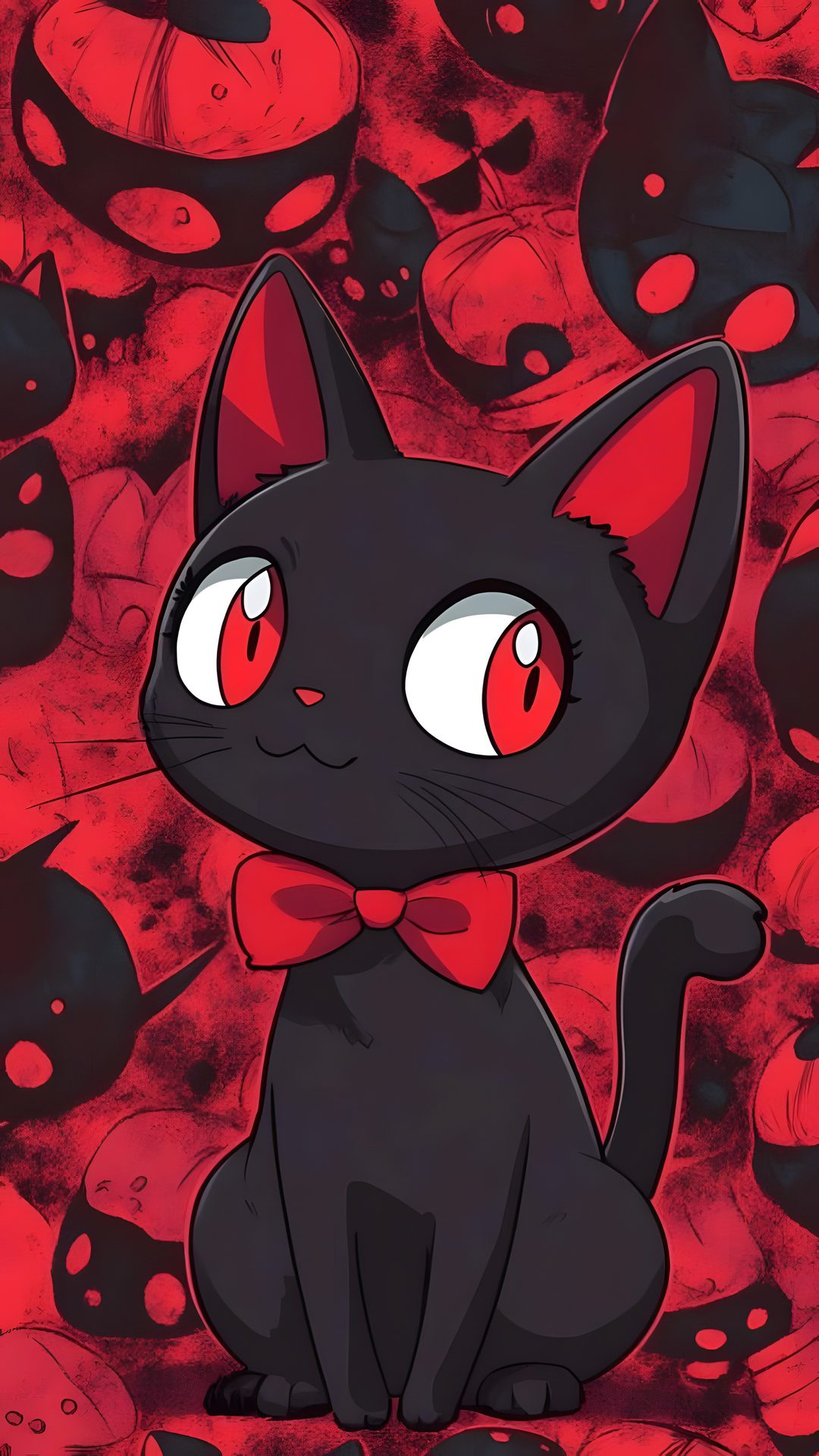a black cat with red eyes and a bow tie sitting in front of skull heads Anime Cat Halloween dark slate gray