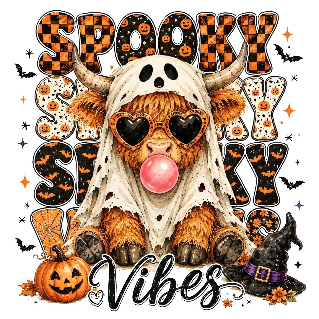 a cow wearing glasses and a hat with pumpkins on it's head, in front of the words spooky vibe Cute Halloween Highland Cow burlywood