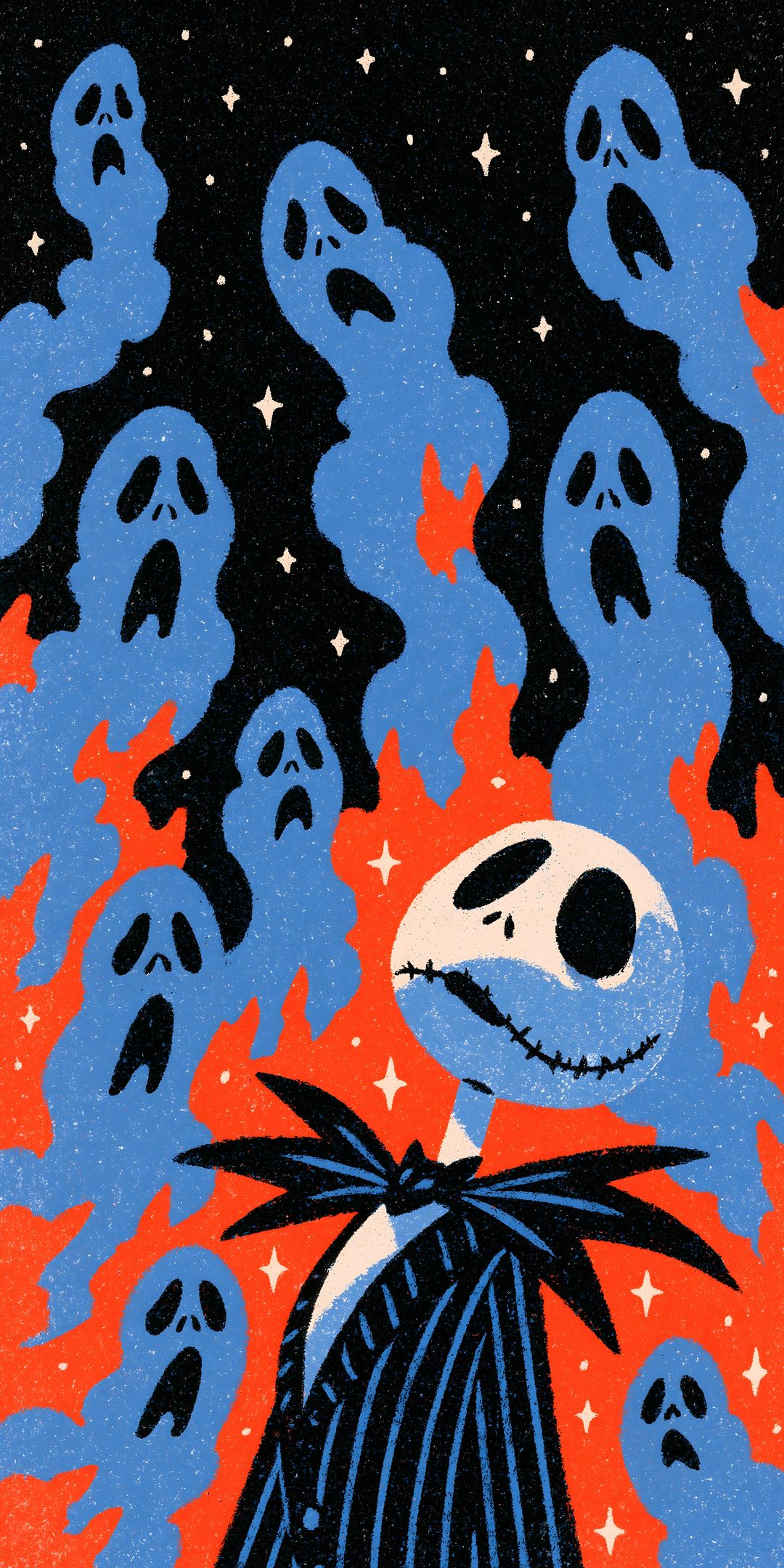 a painting of jack skellingy in front of many ghost heads Halloween Comic dark olive green