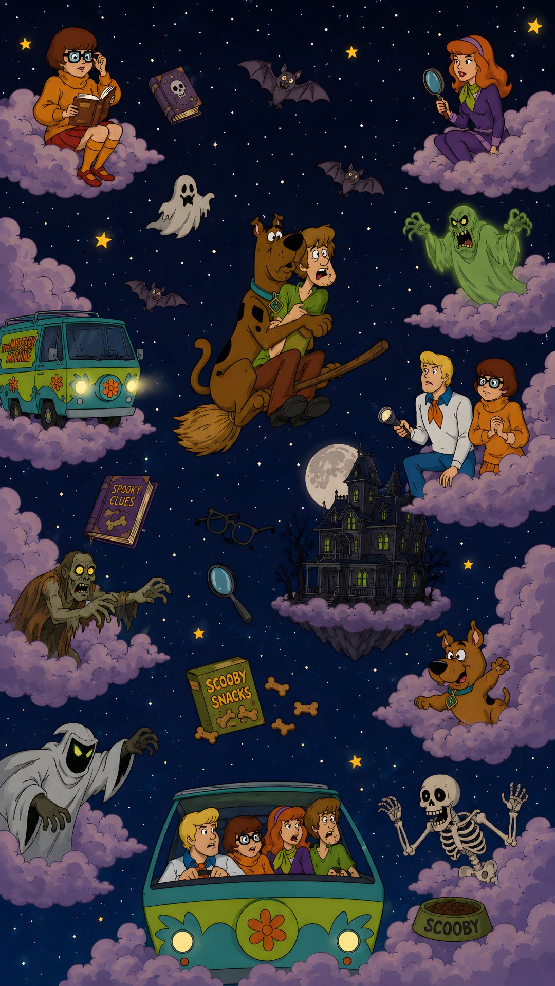 cartoon characters flying in the sky with clouds and stars above them, including an image of a Halloween Scooby Doo black