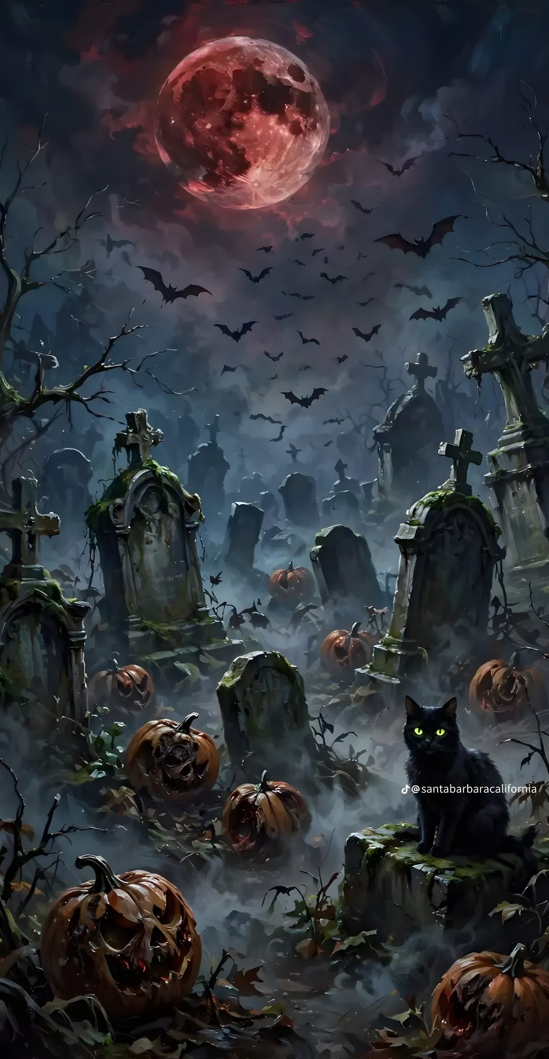 a black cat sitting in the middle of a cemetery with bats and tombstones on it Halloween Graveyard dark slate gray