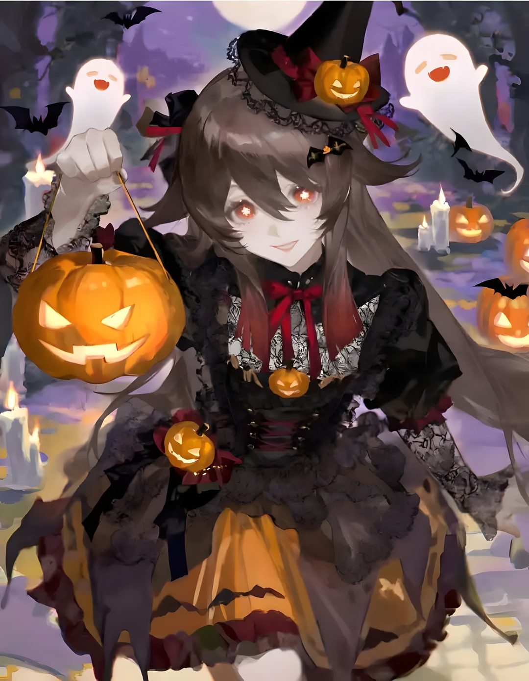 a girl dressed up as a witch with pumpkins Genshin Impact Halloween dark olive green