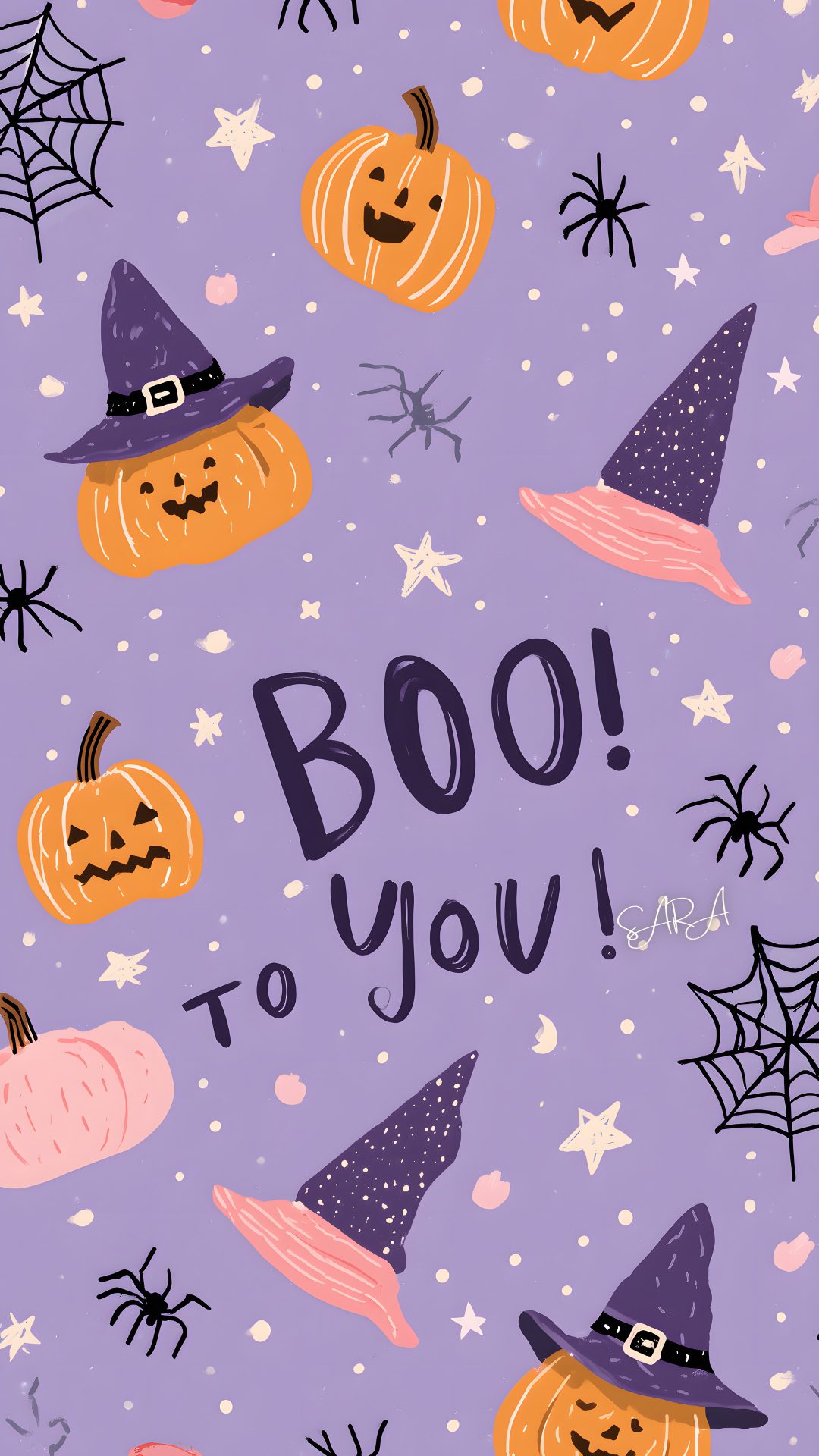 a purple background with pumpkins and witches on it, the words boo to you Boho Halloween On Light Purple Halloween, dark gray