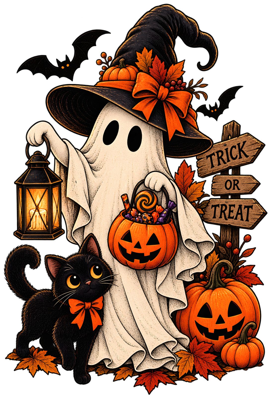 a drawing of a halloween scene with pumpkins, jack - o'- lanterns and a cat Halloween Clipart dark salmon