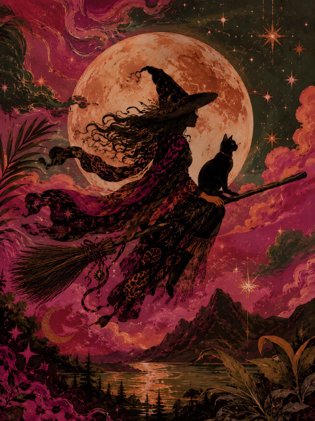a painting of a witch flying on a broom with a cat sitting on it's back Vintage Halloween Witch maroon