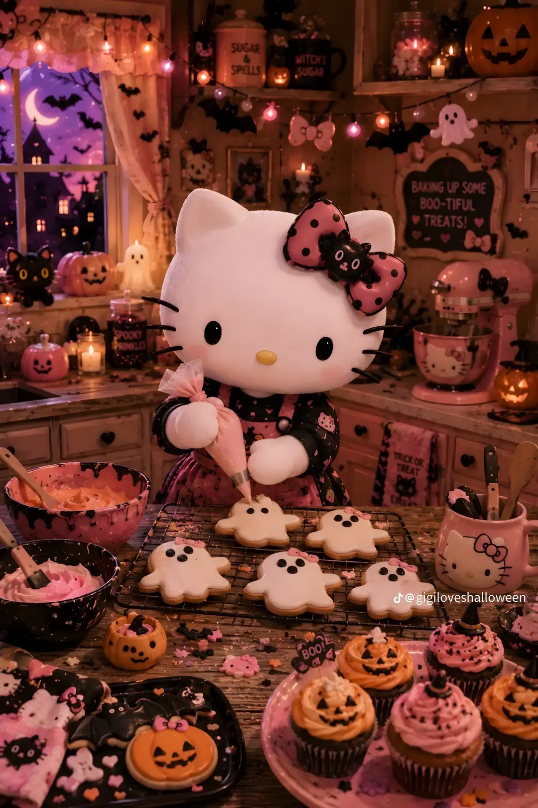 a hello kitty halloween party with cupcakes and cookies Hello Kitty Halloween Aesthetic saddle brown