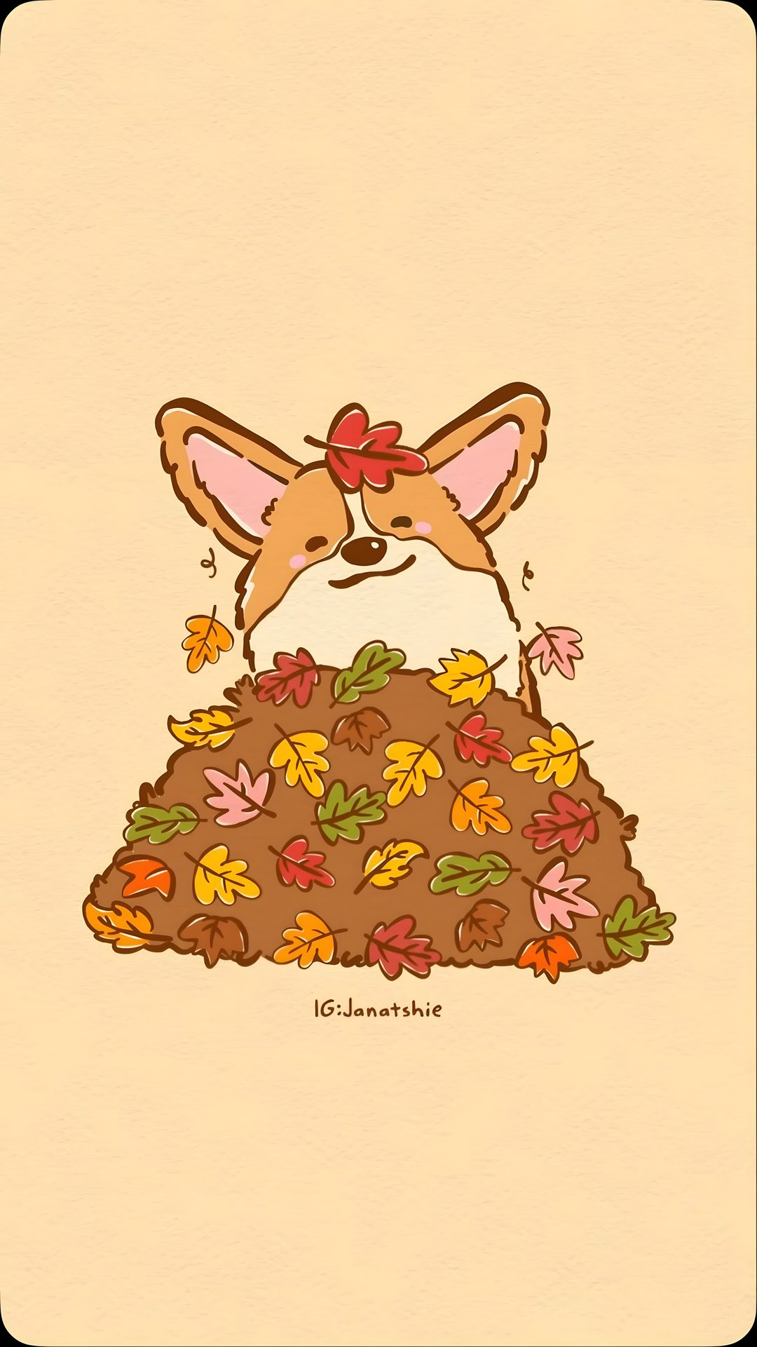 a drawing of a dog sitting on top of a pile of leaves with its eyes closed Corgi Halloween navajo white