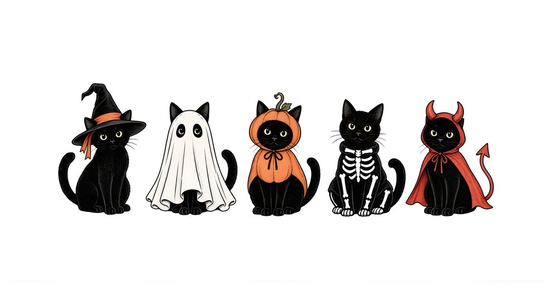 three black cats wearing halloween costumes are sitting in front of a white background and one has a skeleton on it's back Generic Halloween Cat Desktop white