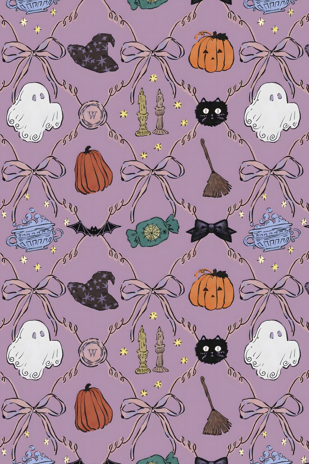 a purple background with halloween decorations and cats on it's sides, all in different colors Purple Halloween Pattern dark gray