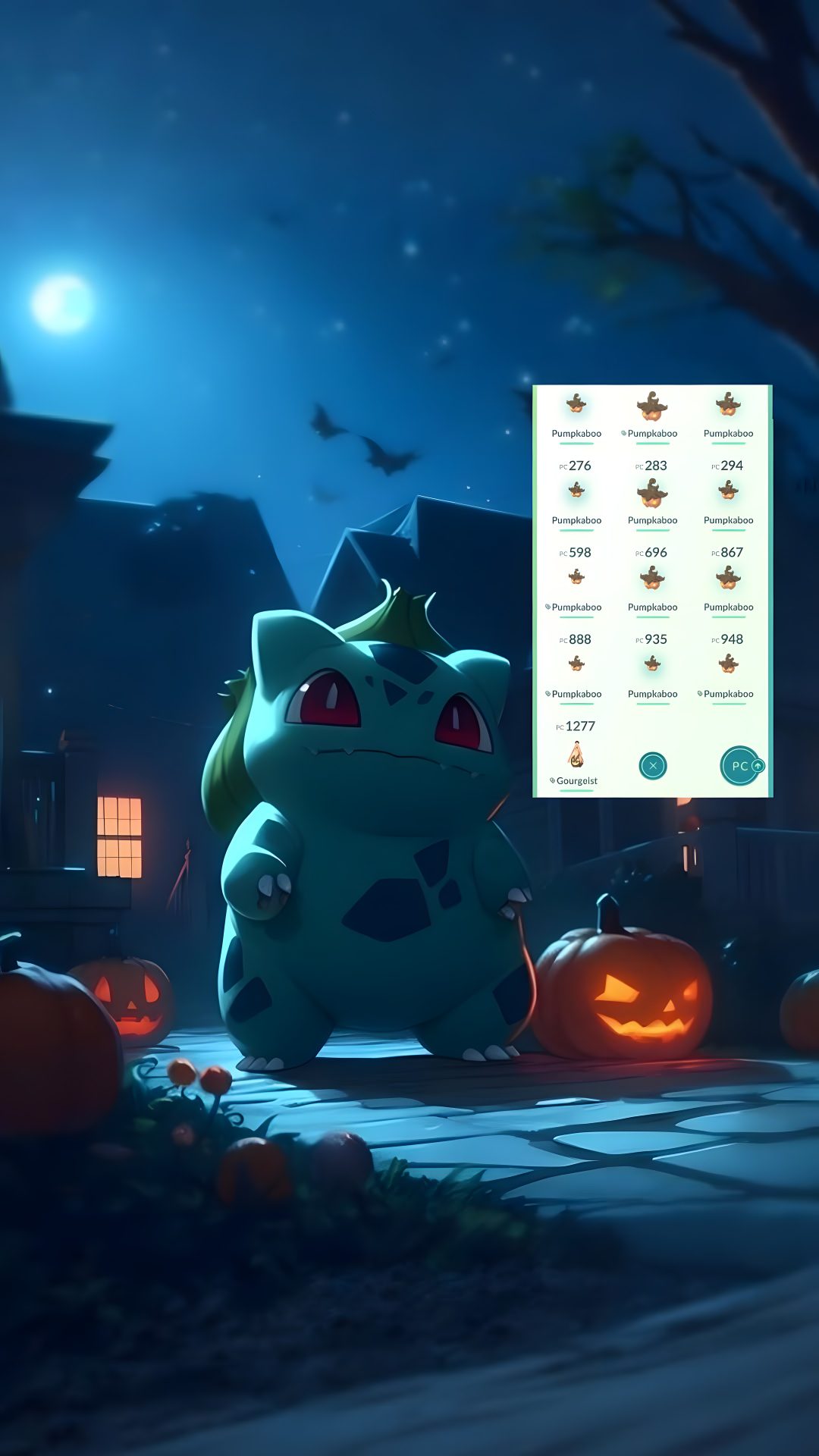 a cartoon character sitting on the ground in front of some pumpkins Halloween Bulbasaur Halloween, dark slate gray
